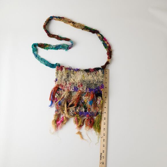 Y2K Vtg Handcrafted Boho Knitted Sling Bag Multicolor Crossbody Hippie Indie - Picture 3 of 8